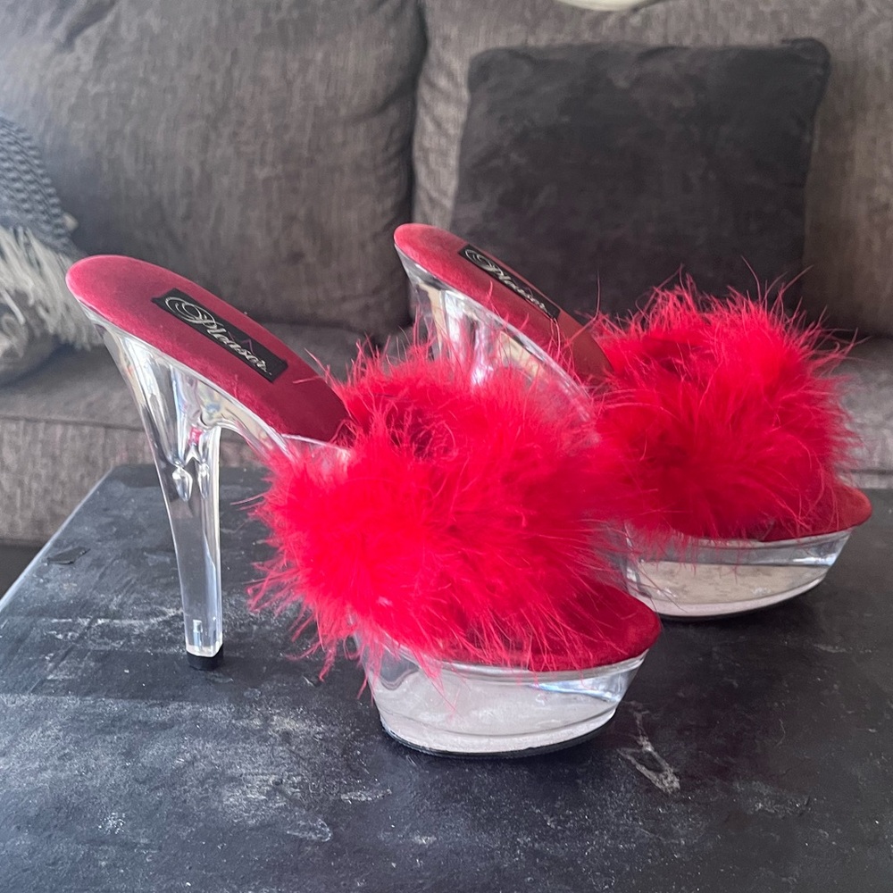 Red furry pleaser mules